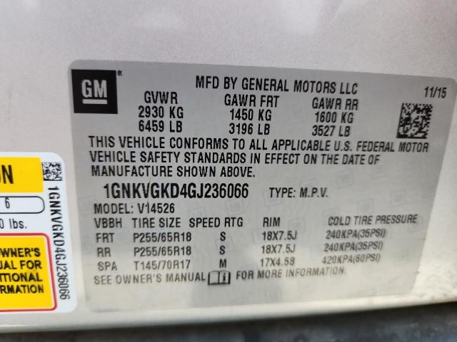 1GNKVGKD4GJ236066 - 2016 CHEVROLET TRAVERSE LT Plata foto 14