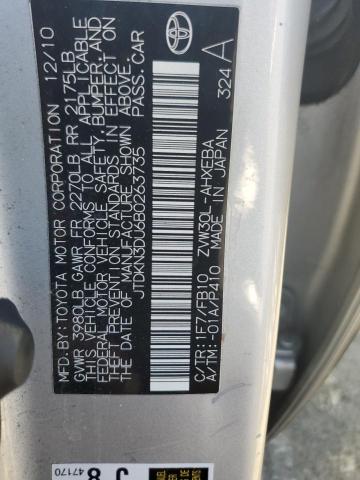 JTDKN3DU6B0263735 - 2011 TOYOTA PRIUS ვერცხლისფერი ფოტო 12