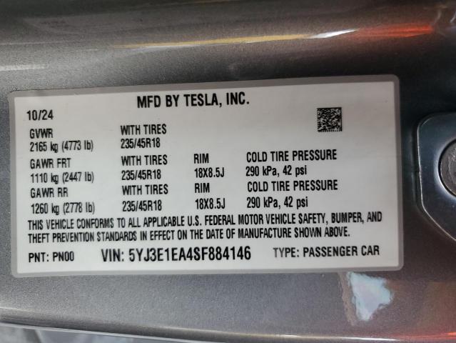 5YJ3E1EA4SF884146 - 2025 TESLA MODEL 3 灰色 照片 13