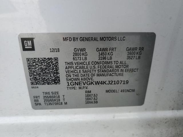 1GNEVGKW4KJ210719 - 2019 CHEVROLET TRAVERSE LT WHITE photo 13