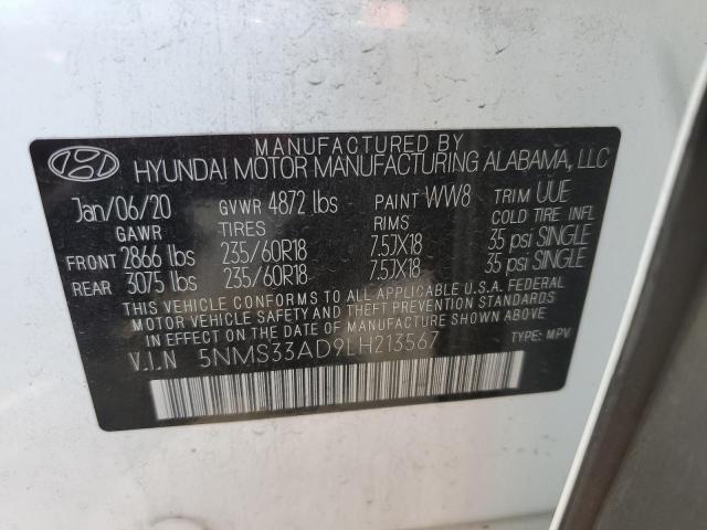 5NMS33AD9LH213567 - 2020 HYUNDAI SANTA FE SEL WHITE photo 13