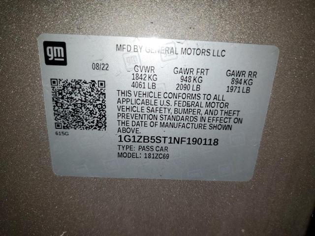 1G1ZB5ST1NF190118 - 2022 CHEVROLET MALIBU LS ოქროსფერი ფოტო 12