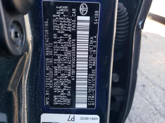 4T1BF1FK0CU598976 - 2012 TOYOTA CAMRY BASE 黑色 照片 12