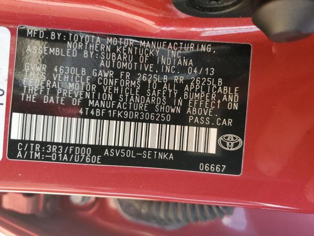4T4BF1FK9DR306250 - 2013 TOYOTA CAMRY L 红色 照片 12