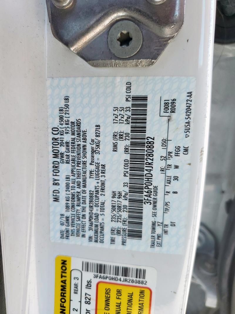 3FA6P0HD4JR280882 - 2018 FORD FUSION SE Ağ foto 12