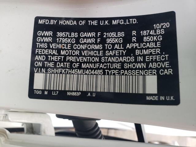 SHHFK7H45MU404485 - 2021 HONDA CIVIC SPORT 白色 照片 12