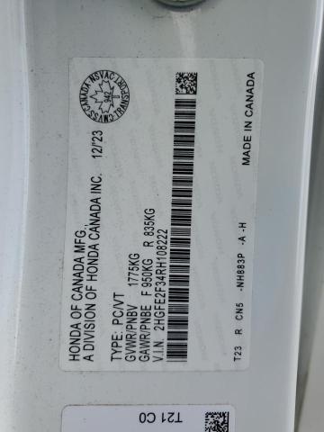 2HGFE2F34RH108222 - 2024 HONDA CIVIC EX WHITE photo 13
