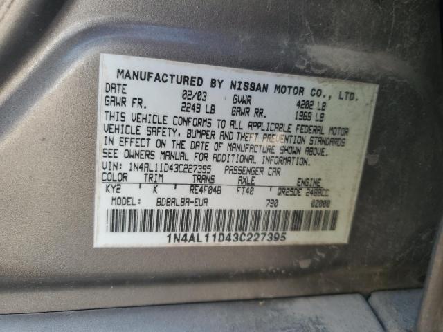 1N4AL11D43C227395 - 2003 NISSAN ALTIMA BASE GRAY photo 12