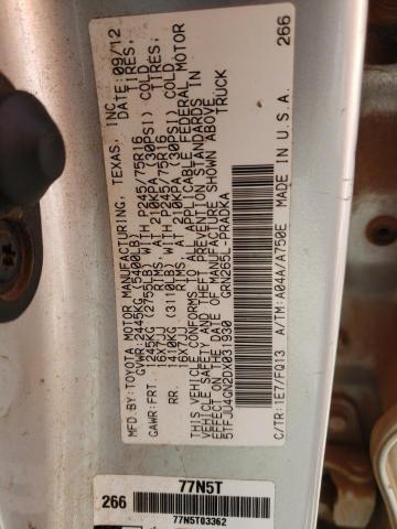 5TFJU4GN2DX031930 - 2013 TOYOTA TACOMA DOUBLE CAB PRERUNNER SILVER photo 12