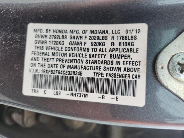 19XFB2F94CE328345 - 2012 HONDA CIVIC EXL ნაცრისფერი ფოტო 12