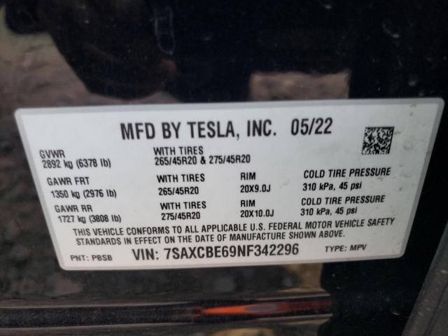 7SAXCBE69NF342296 - 2022 TESLA MODEL X BLACK photo 12