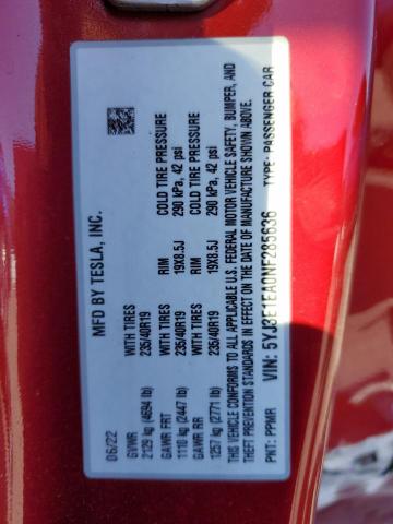 5YJ3E1EA0NF285636 - 2022 TESLA MODEL 3 红色 照片 13