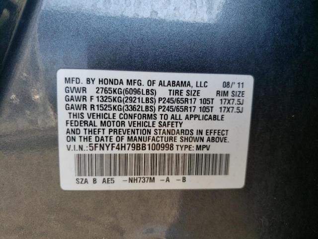 5FNYF4H79BB100998 - 2011 HONDA PILOT EXLN CHARCOAL photo 13