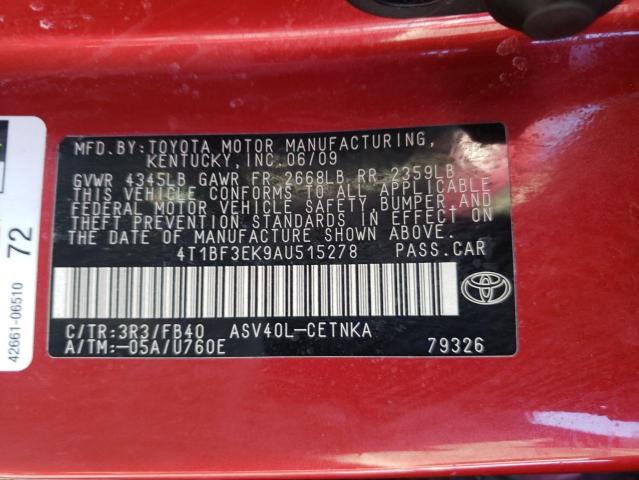 4T1BF3EK9AU515278 - 2010 TOYOTA CAMRY BASE RED photo 12