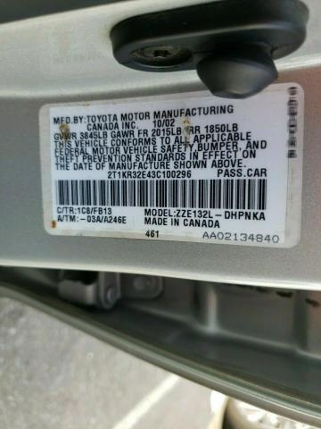 2T1KR32E43C100296 - 2003 TOYOTA COROLLA MA XR SILVER photo 12