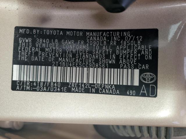 2T1BU4EE5CC908561 - 2012 TOYOTA COROLLA BASE TAN photo 12