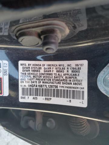 1HGFA16877L128756 - 2007 HONDA CIVIC EX BLACK photo 12