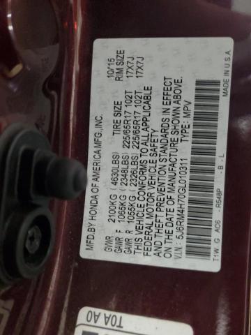 5J6RM4H70GL010311 - 2016 HONDA CR-V EXL MAROON photo 13