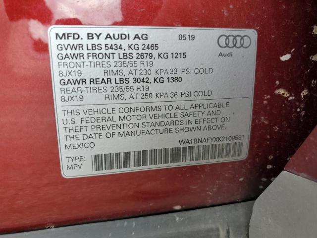 WA1BNAFYXK2109581 - 2019 AUDI Q5 PREMIUM PLUS RED photo 13