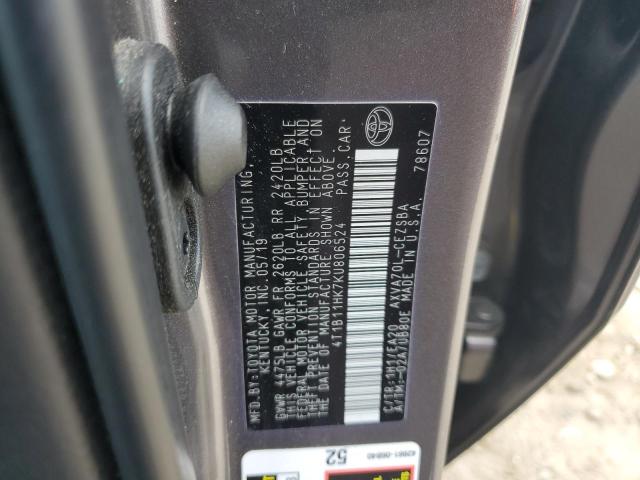 4T1B11HK7KU806524 - 2019 TOYOTA CAMRY L ნაცრისფერი ფოტო 12
