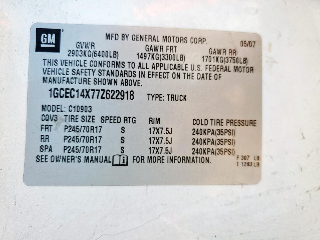 1GCEC14X77Z622918 - 2007 CHEVROLET SILVERADO C1500 CLASSIC WHITE photo 12