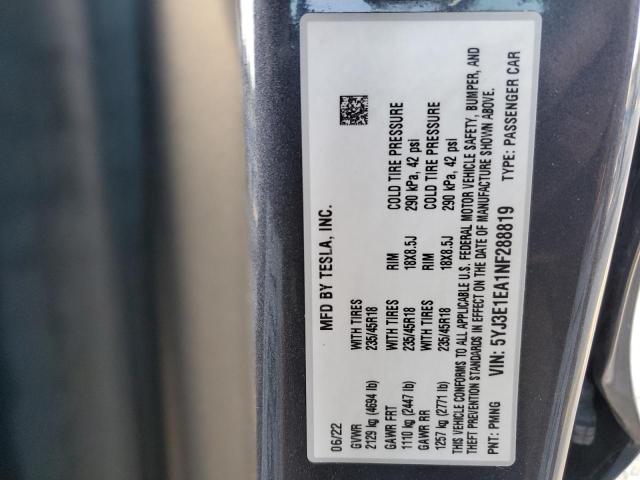 5YJ3E1EA1NF288819 - 2022 TESLA MODEL 3 GRAY photo 12