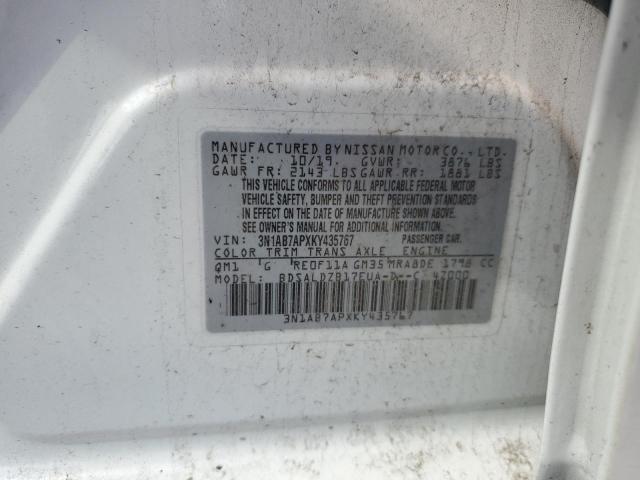 3N1AB7APXKY435767 - 2019 NISSAN SENTRA S WHITE photo 12