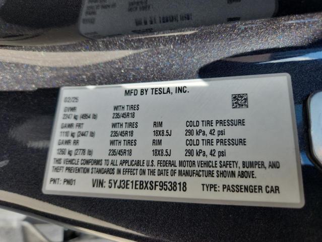 5YJ3E1EBXSF953818 - 2025 TESLA MODEL 3 GRAY photo 13