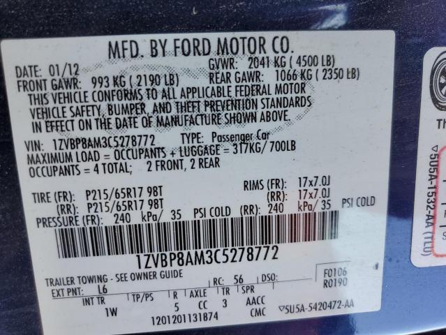 1ZVBP8AM3C5278772 - 2012 FORD MUSTANG BLUE photo 12