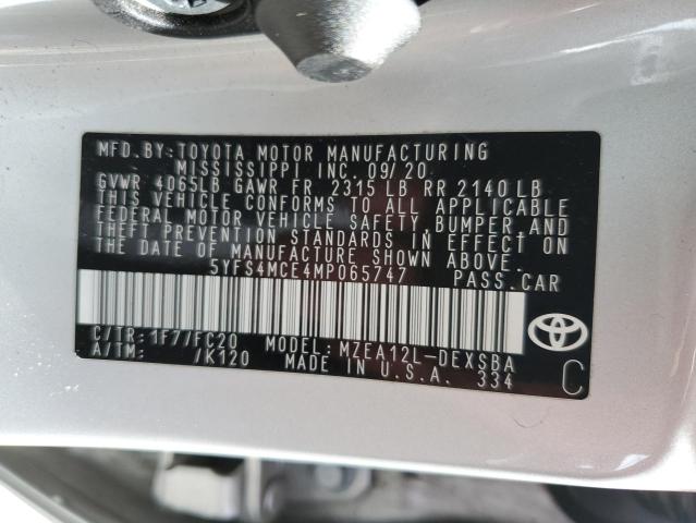 5YFS4MCE4MP065747 - 2021 TOYOTA COROLLA SE Srebrny zdjęcie 12