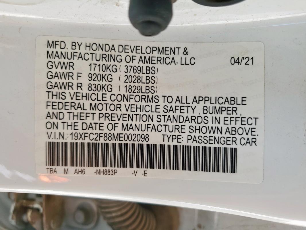 19XFC2F88ME002098 - 2021 HONDA CIVIC SPORT Ağ foto 12