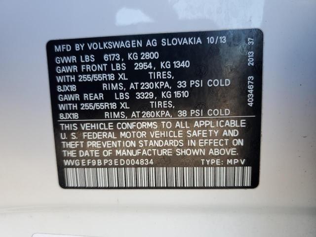 WVGEF9BP3ED004834 - 2014 VOLKSWAGEN TOUAREG V6 WHITE photo 14