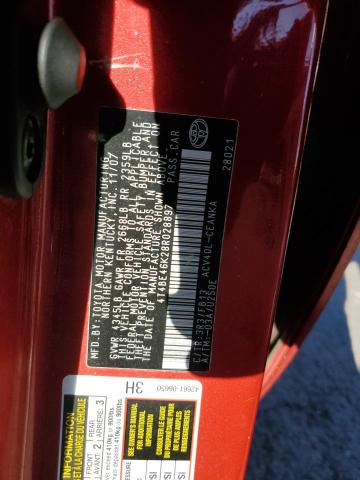 4T4BE46K28R028897 - 2008 TOYOTA CAMRY CE RED photo 12