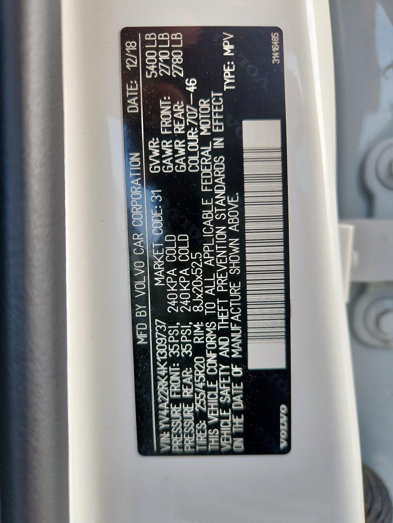 YV4A22RK4K1309737 - 2019 VOLVO XC60 T6 WHITE photo 14