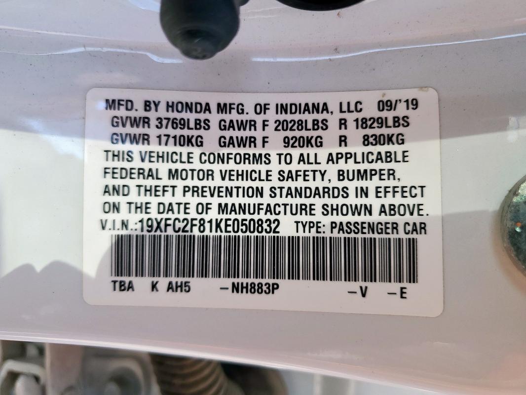 19XFC2F81KE050832 - 2019 HONDA CIVIC SPORT Ağ foto 12