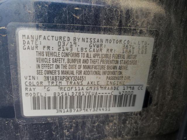 3N1AB7AP9KY324451 - 2019 NISSAN SENTRA S BLUE photo 12