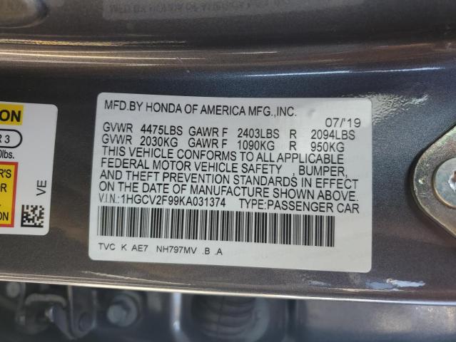 1HGCV2F99KA031374 - 2019 HONDA ACCORD TOURING Сұр фото 12