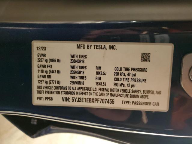 5YJ3E1EBXPF707455 - 2023 TESLA MODEL 3 Կապույտ լուսանկար 12