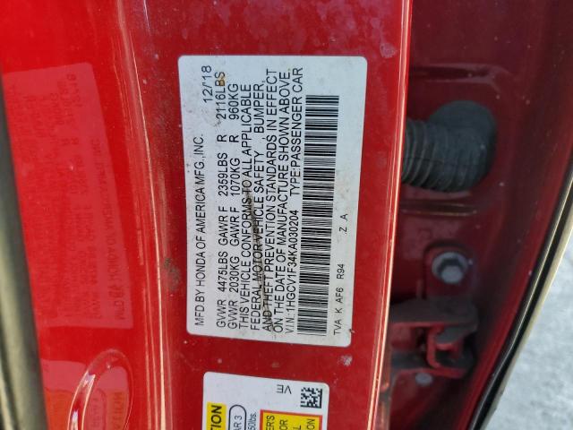 1HGCV1F34KA030204 - 2019 HONDA ACCORD SPORT Qırmızı foto 12