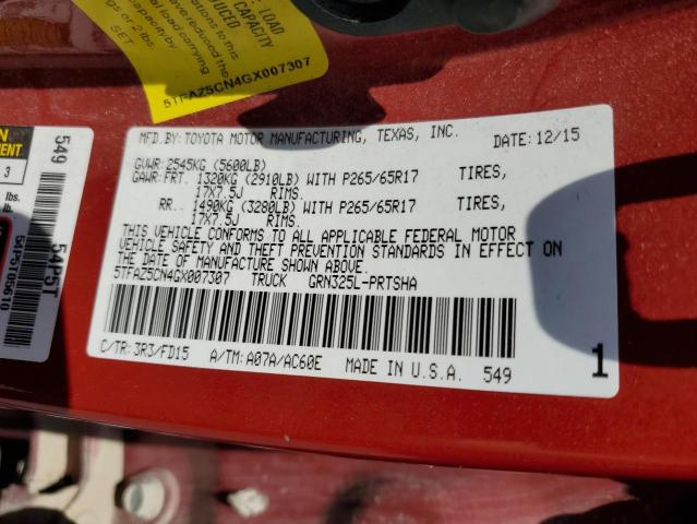 5TFAZ5CN4GX007307 - 2016 TOYOTA TACOMA DOUBLE CAB 红色 照片 12