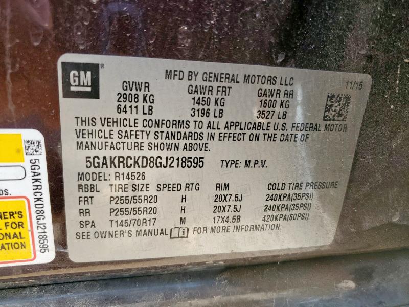 5GAKRCKD8GJ218595 - 2016 BUICK ENCLAVE BROWN photo 13