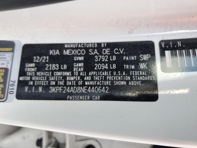 3KPF24AD8NE440642 - 2022 KIA FORTE FE Ақ фото 12