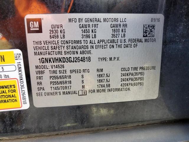 1GNKVHKD3GJ264818 - 2016 CHEVROLET TRAVERSE LT BLACK photo 14