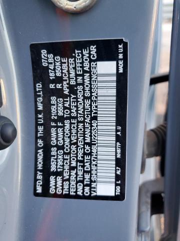 SHHFK7H46LU225340 - 2020 HONDA CIVIC SPORT GRAY photo 13