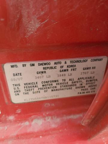 KL1TD56678B115731 - 2008 CHEVROLET AVEO BASE წითელი ფოტო 12