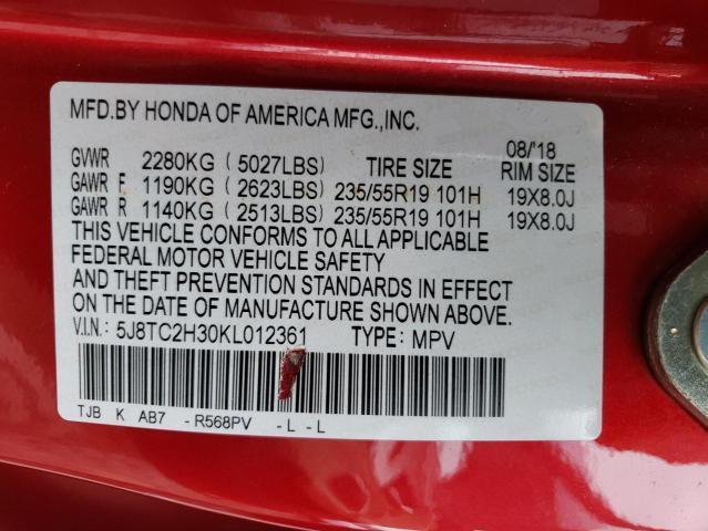 5J8TC2H30KL012361 - 2019 ACURA RDX MAROON photo 13