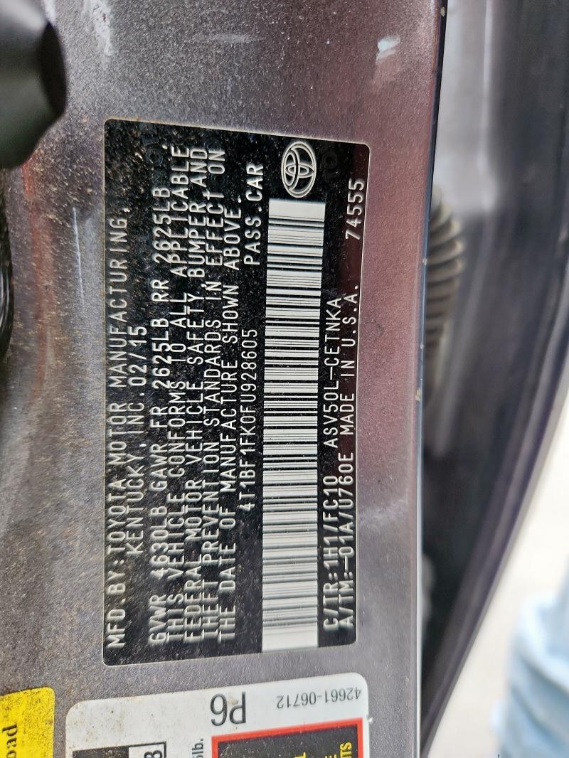 4T1BF1FK0FU928605 - 2015 TOYOTA CAMRY LE 灰色 照片 12