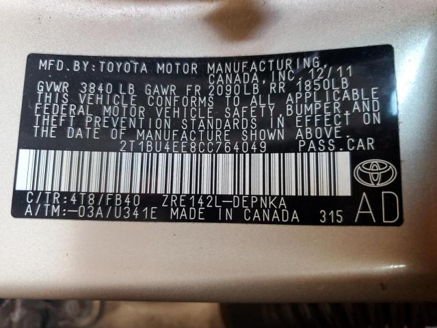 2T1BU4EE8CC764049 - 2012 TOYOTA COROLLA BASE ذهبي صورة 12