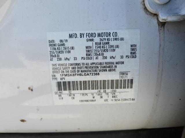 1FMSK8FH6LGA72388 - 2020 FORD EXPLORER LIMITED WHITE photo 13