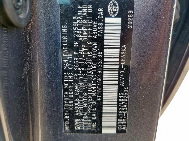 4T1BE46K49U337881 - 2009 TOYOTA CAMRY BASE CHARCOAL photo 12